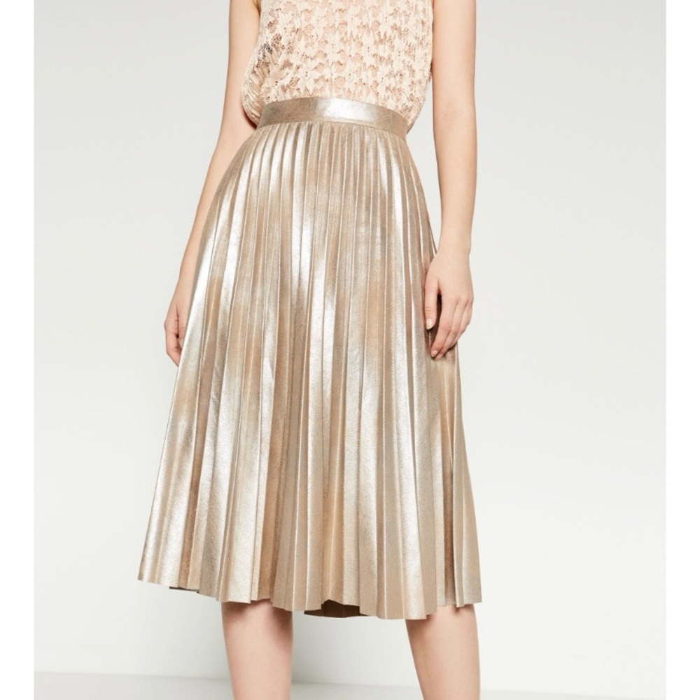 Zara Metallic Gold Pleated Midi Skirt